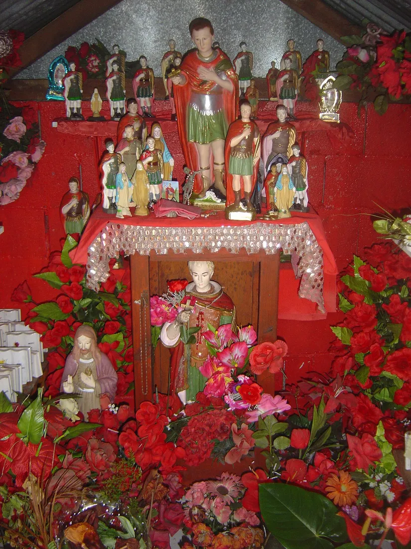 Statues of Saint Expédit inside a red altar, Petit Serré, Réunion