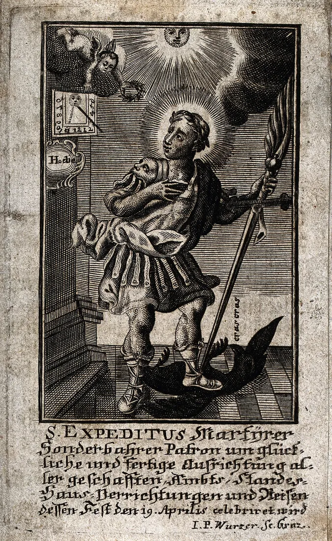 Engraving by J.P. Wurzer: clock, crow and cross together