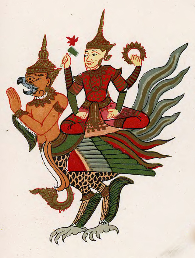 Nat figure (Burmese spirit-deity) — Vishnu (Beikthano) in Burmese representation, on his mount (vehicle), the garuda (galone)