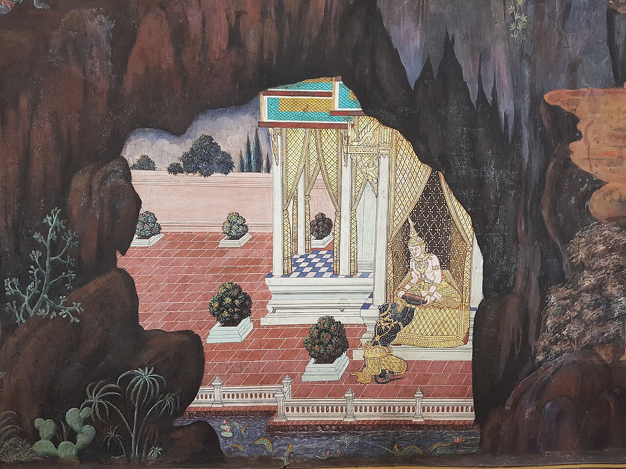 Naga pendant — * Overview: Painting at the Temple of the Emerald Buddha, Bangkok, depicting characters or scenes from Rammakian, a Thai