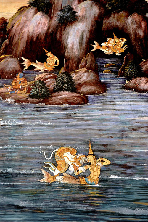 Hanuman figure — Hanuman and Mermaid Suvannamaccha. Photocopy of a mural painting in Wat Phra Kaew, Bangkok.