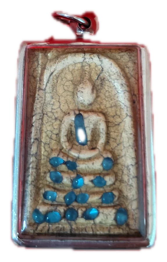 พระนั่ง ฐานลงสีฟ้า · Small seated Buddha with blue inlay
