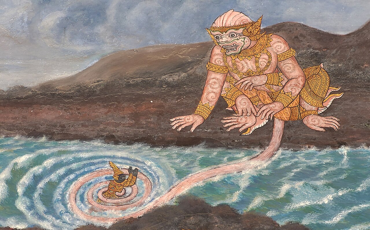 Hanuman figure — These murals are paintings from The Ramakien Gallery, painted on the walls of Wat Phra Kaeo, Thailand. These are origina