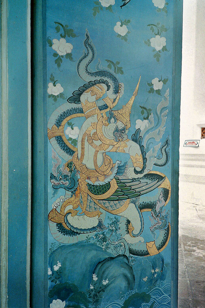 Phaya Khrut (the garuda) — Painting of Garuda on entrance door to Ubosot, Wat Suthat, Bangkok, Thailand.