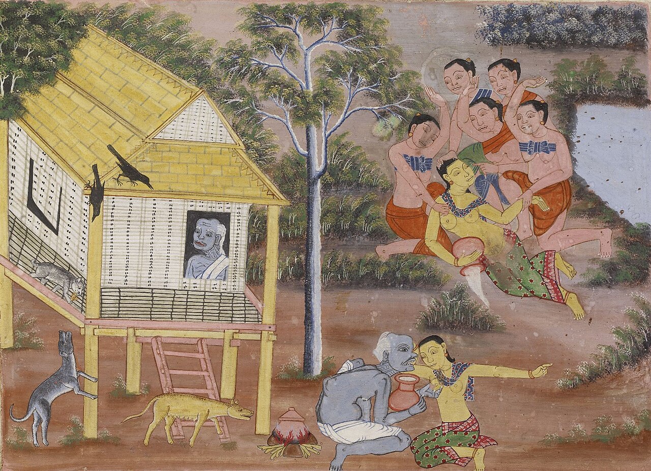 Chuchok (the beggar of the Vessantara Jataka) — The old brahmin Jujaka is poor but has a young, beautiful wife named Amittatapana. When Amittatapana goes to fetch water