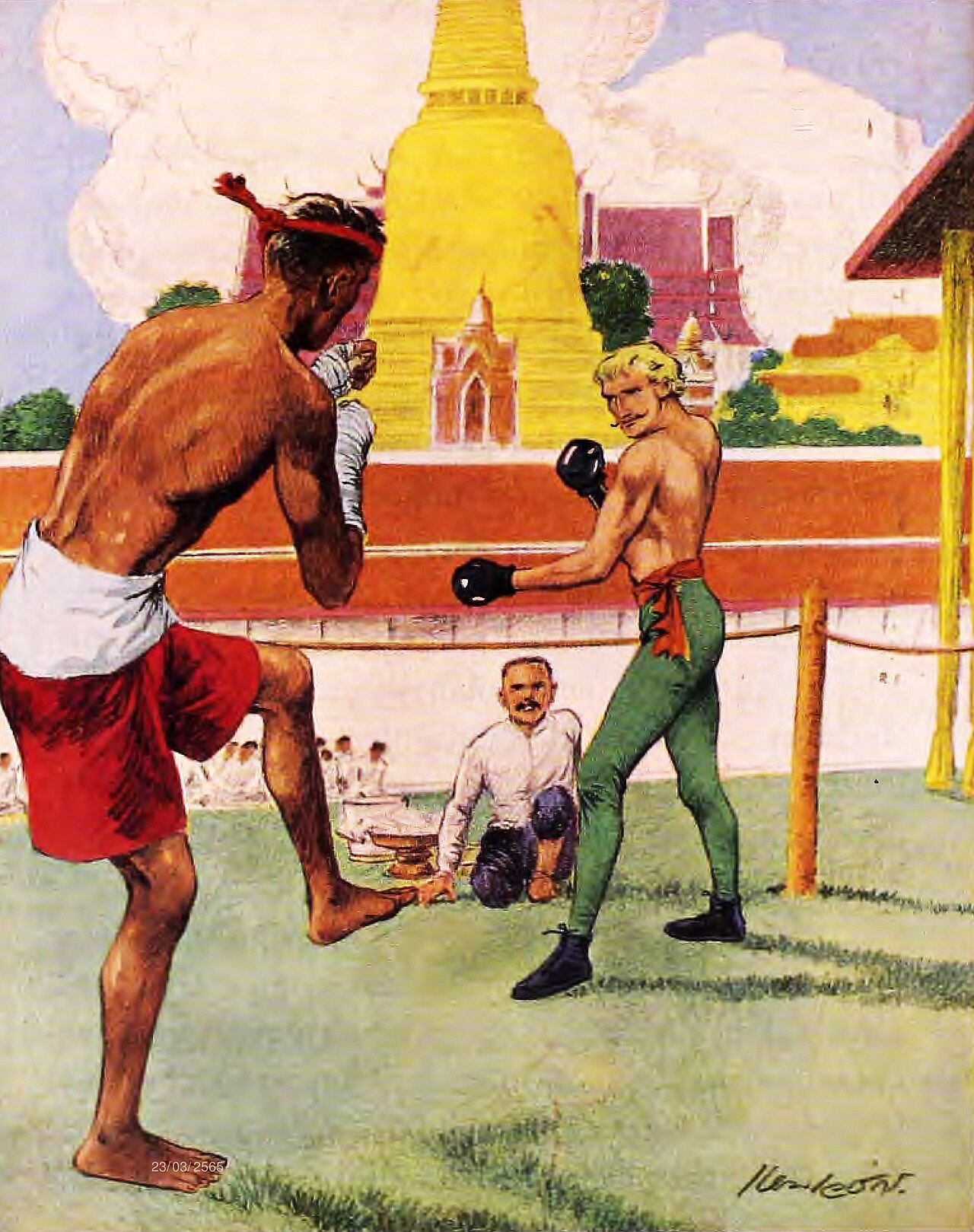 Prachiat (yantra head-cloth / armband) — An illustration of the book mentioned below, depicting the following:
A French man challenged Thais to join boxing match