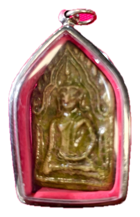 พระพิมพ์ห้าเหลี่ยม เลี่ยมกรอบใส · Pentagonal tablet in a clear case