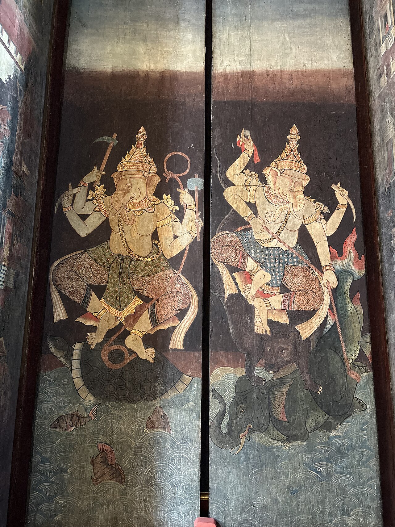 Ganesha pendant — Ganesha as Maha Vighaneshavara: Ganesha on a turtle during Samudra Manthan (left), and Ganesha on his rat subduing a dem