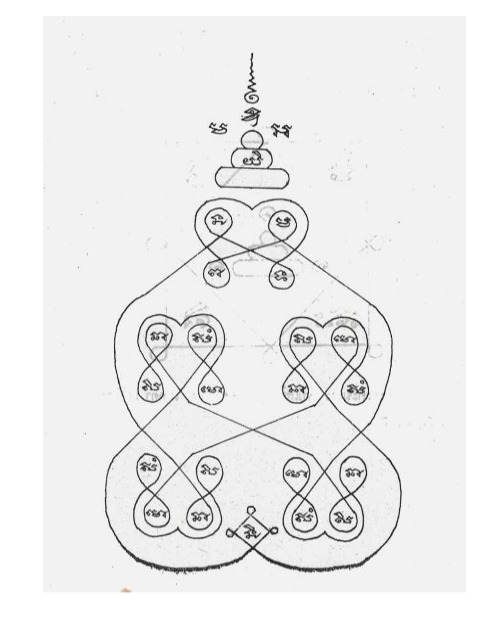 ยันต์รูปกาย (figure/body-form yantra). A tall anthropomorphic yant built from paired, conjoined heart-lobes (ovals) stacked in three tiers — a broad base, a mid-body, and a small head — so the whole r